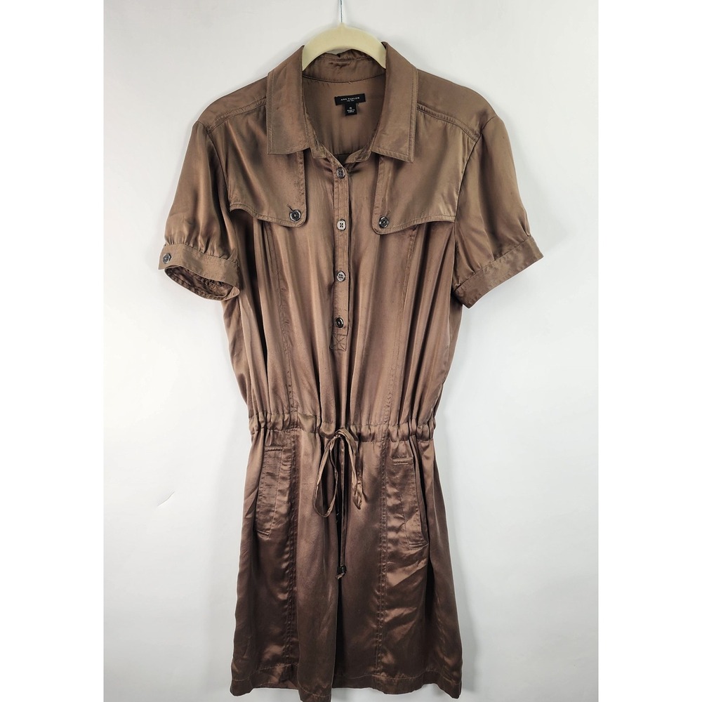 Ann Taylor 100% Silk Shirt Dress‎ Women's 6 Utility Style Quiet Luxury Brown